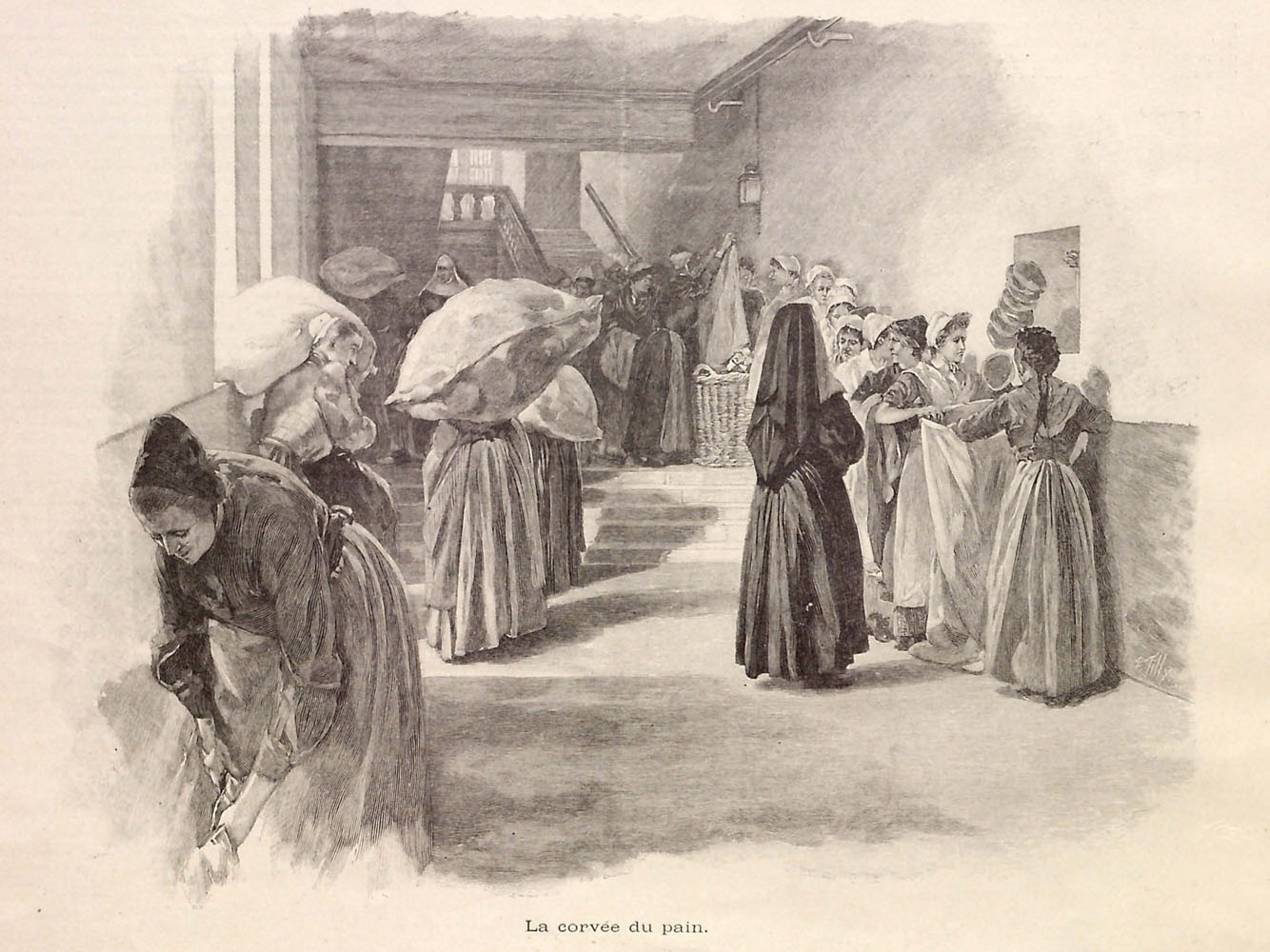 Prisoners collecting bread from the prison bakery